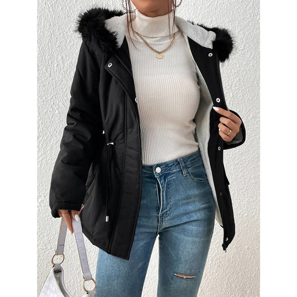 Faux fur Trim Drawstring Waist Hooded Parka puffer Coat tan - Picture 5 of 8